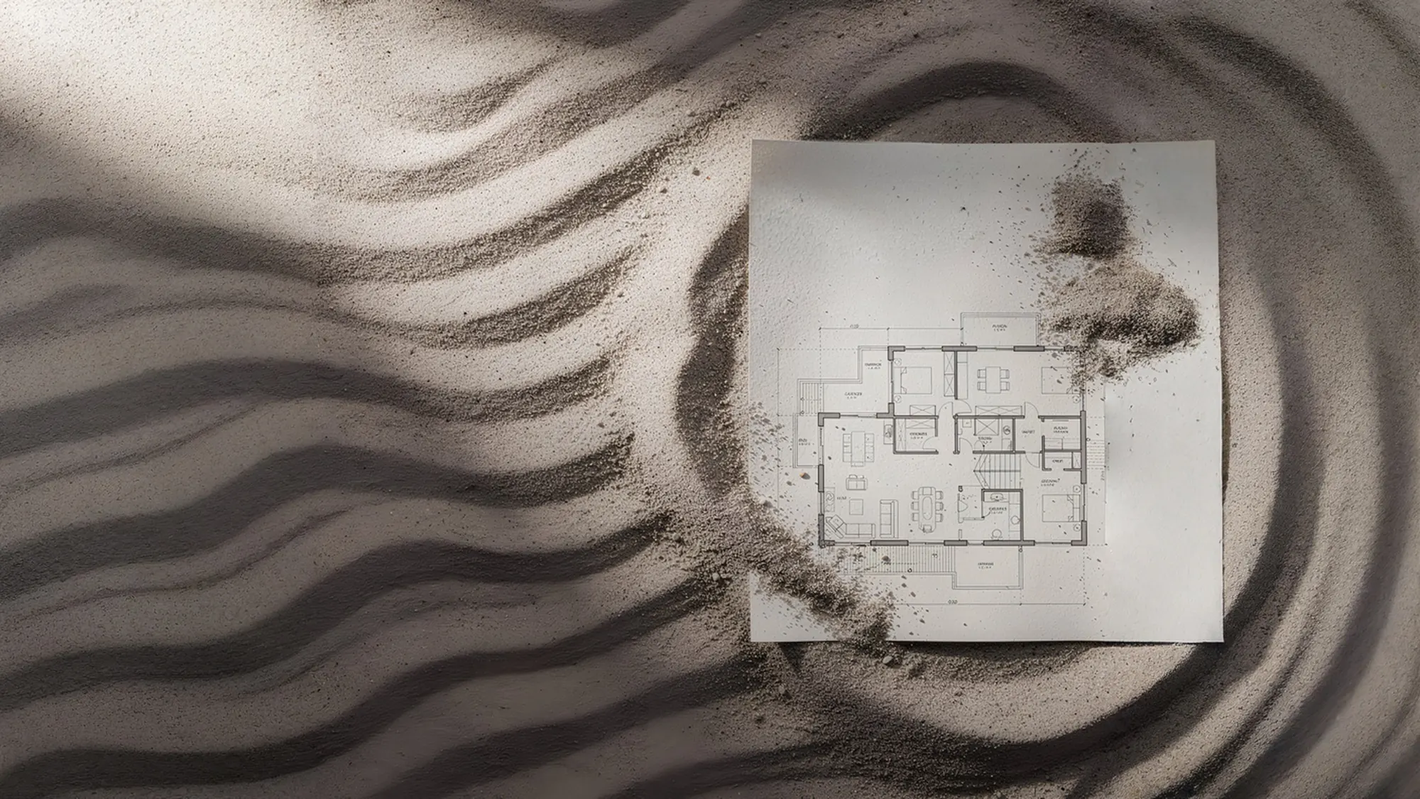 Composition aux tons sable avec un plan d’architecture, univers de Maison Cordial